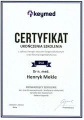 Dr n. med. Henryk Mekle - certyfikat ukończenia szkolenia w zakresie zabiegów PRP